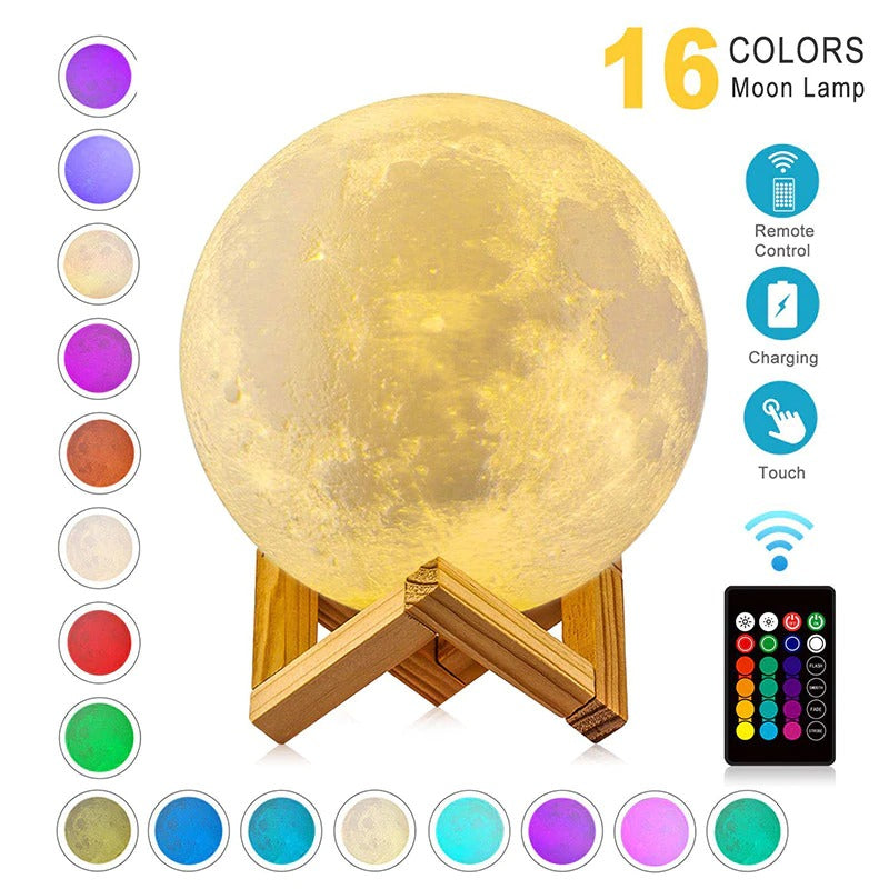 LED Night Light 3D Print Moon Lamp Rechargeable Color Change 3D Light - Gizgizmo